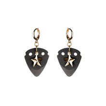 Load image into Gallery viewer, black-guitar-pick-earrings-with-gold-star-pendant.jpg