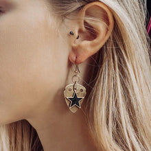 Load image into Gallery viewer, blond-model-wearing-gold-guitar-pick-earrings.jpg