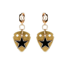Load image into Gallery viewer, gold-guitar-pick-with-black-star-pendants-musical-earrings.jpg