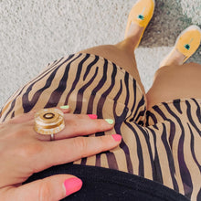 Load image into Gallery viewer, model-wearing-guitar-knob-gold-ring-heartbeat-london-collection.jpg