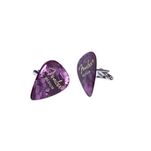 Load image into Gallery viewer, purple-fender-guitar-pick-silver-cufflinks-by-heartbeat-london.jpg