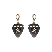 Load image into Gallery viewer, black-guitar-pick-earrings-with-gold-star-pendant.jpg
