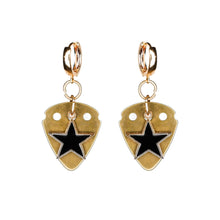 Load image into Gallery viewer, gold-guitar-pick-with-black-star-pendants-musical-earrings.jpg
